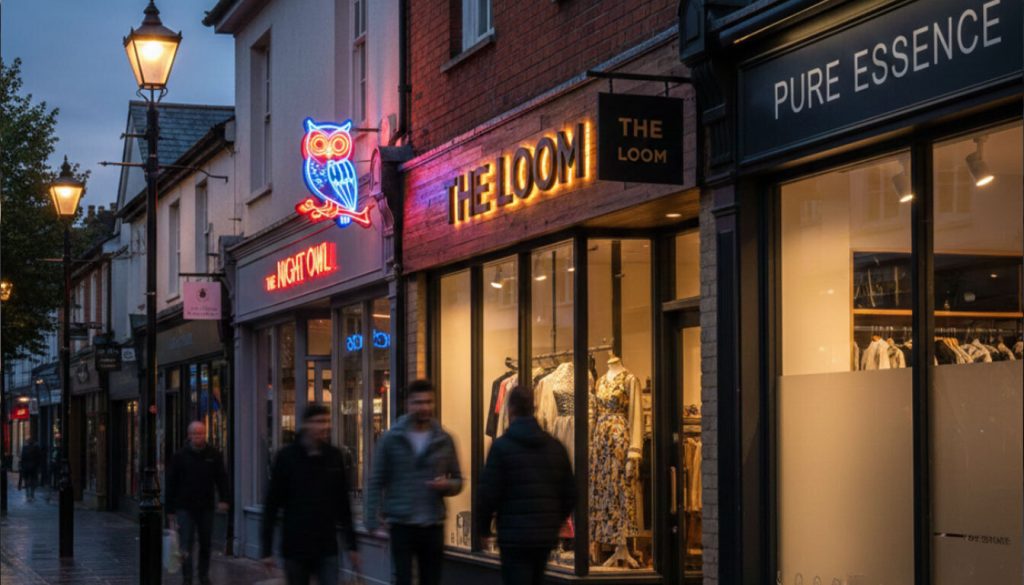 (Modern retail store signage examples showcasing glowing 3D lettering for The Loom and Pure Essence on a busy shopping street to drive footfall.)