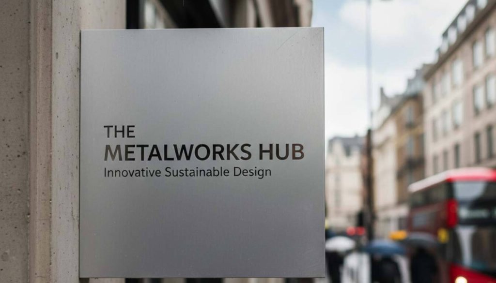 Sleek, silver-grey metal sign for The Metalworks Hub - Innovative Sustainable Design on a building exterior, suggesting durable, modern eco-materials.