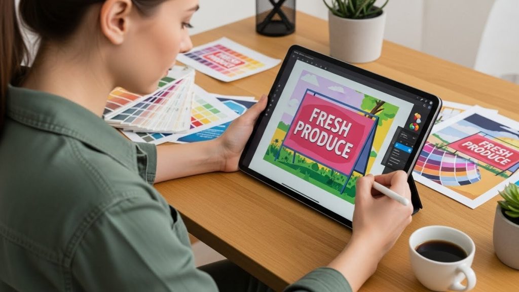 Designer creating effective portable outdoor signage with bold colours and clear text.