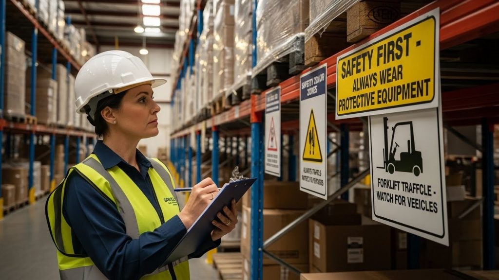 A warehouse supervisor is inspecting signs placed in the warehouse while holding a clipboard to ensure compliance and safety of operations.