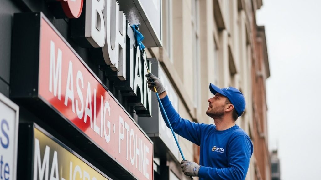  Technician cleaning and inspecting outdoor commercial signage for longevity.