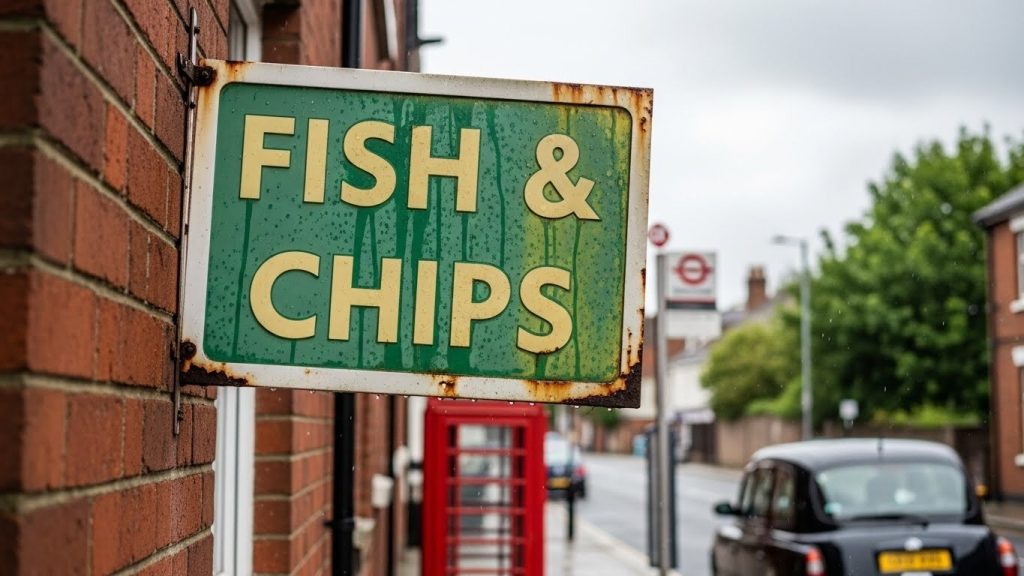 (Faded outdoor sign with poor colour contrast on UK street with wrong placement and unattractive design.)
