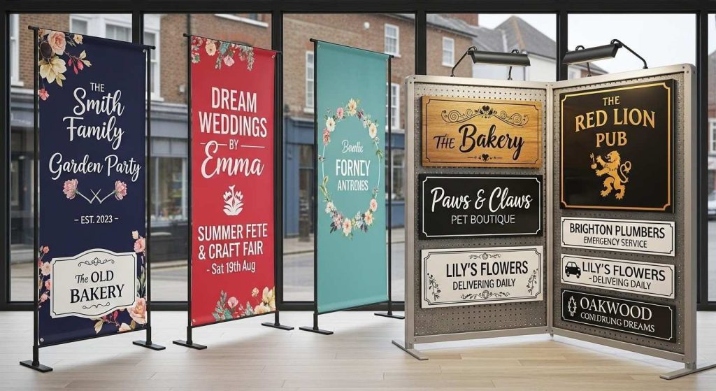 (Variety of UK personalised signs including banners, shop signs, and magnetic vehicle signs in a signage centre.)personalised signs