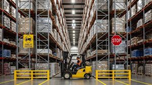 A large warehouse interior featuring forklifts navigating between tall racking systems. Safety signs and aisle markers are strategically placed throughout the space