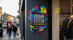 PVC foam plastic sign of a clothing brand on a store with vibrant colours and custom design attracting the customers in a UK street.