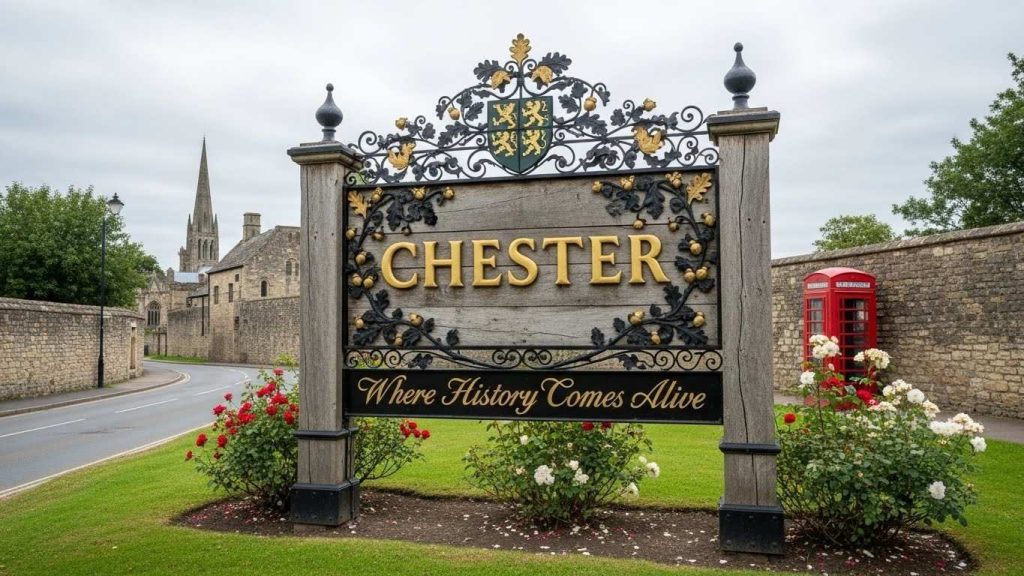 City branding signs welcoming visitors at a UK city entrance.