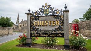 City branding signs welcoming visitors at a UK city entrance.
