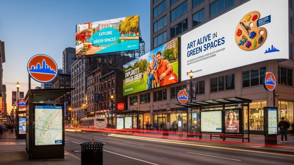 Outdoor advertising aligned with city branding signs on a busy urban street