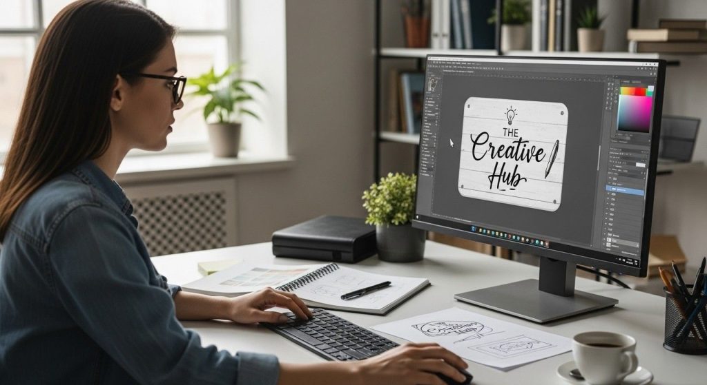 Graphic designer creating a personalised sign using design software on a computer system inside an office.