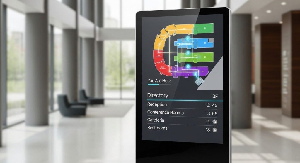 Technicians installing wall and ceiling signage in a commercial multi-floor building.