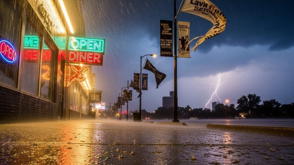 stormy weather scene with heavy rain impacting various outdoor structures, including illuminated signs and vinyl banners.