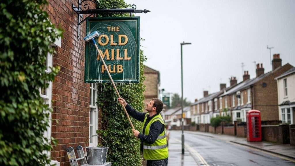 A worker cleaning and maintaining an outdoor business sign in the UK street.