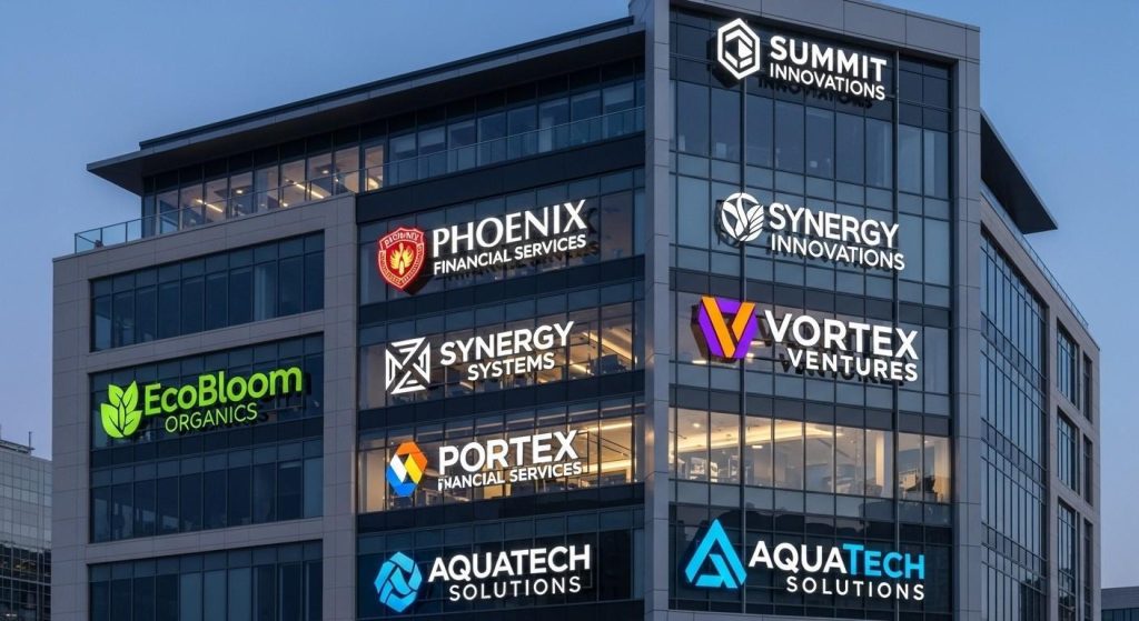 Branded signage displaying different company logos and colours on each floor of a multi-storey commercial building.