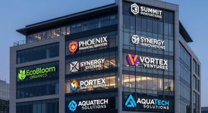 Branded signage displaying different company logos and colours on each floor of a multi-storey commercial building.