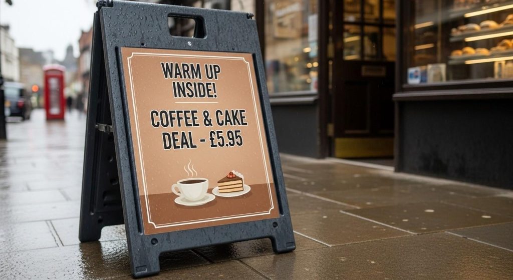 Outdoor plastic sign on a pavement showing a café promotion in the UK.