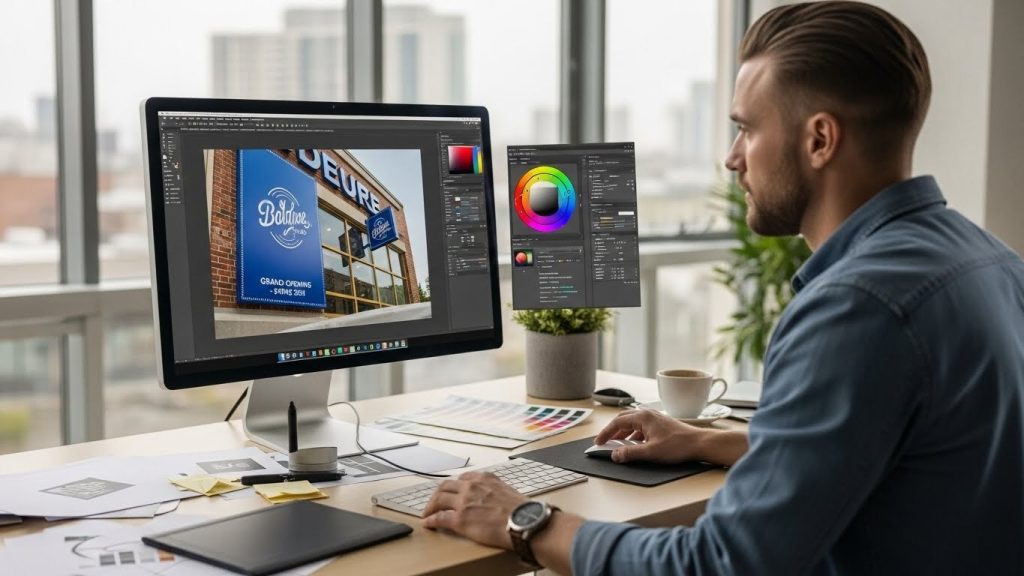 (Designer creating an outdoor signage mockup on computer.)
Outdoor Signage Mistakes