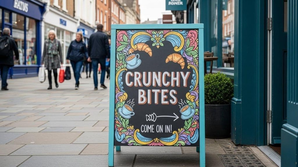 Portable outdoor signage displayed on entrance of small aesthetic cafe named "Crunchy bites" in a busy UK high street.