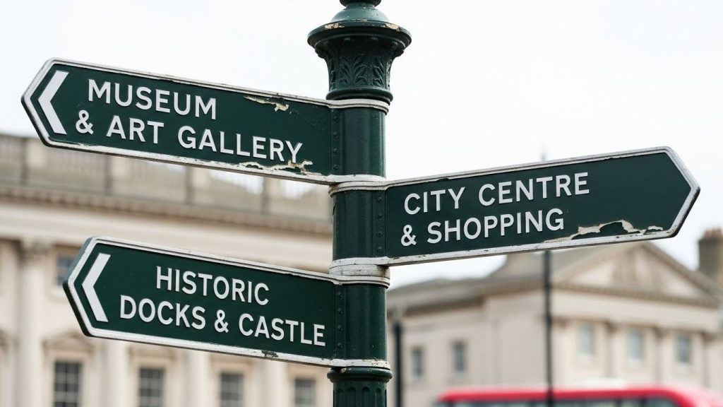 (City branding signs used for wayfinding by tourists in a UK city)city branding signs