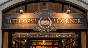 Custom shop front sign of an aesthetic bookstore with logo and branding enhancing business visibility in Manchester.