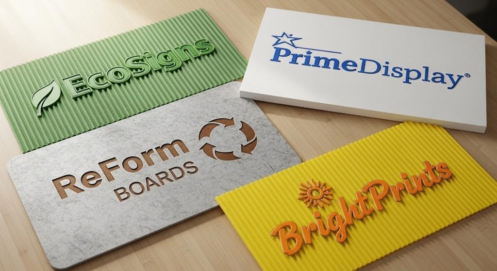 Different types of plastic signs lying on a table including corrugated, PVC foam, and recycled options with different brand names and logos on them.