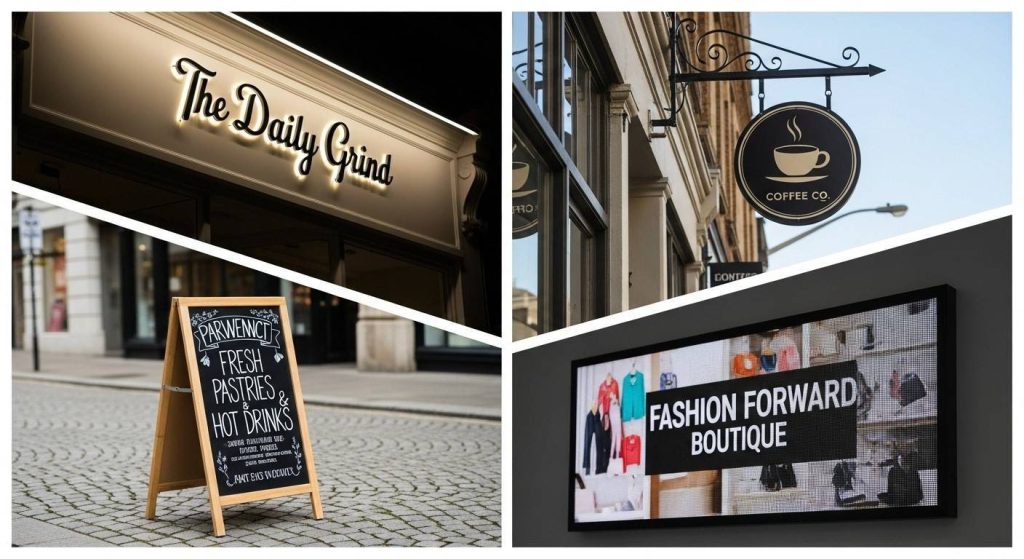 (Collage showing fascia sign, projecting shop sign, pavement shop sign, and digital shop sign, representing different types of shop signage.) shop signs