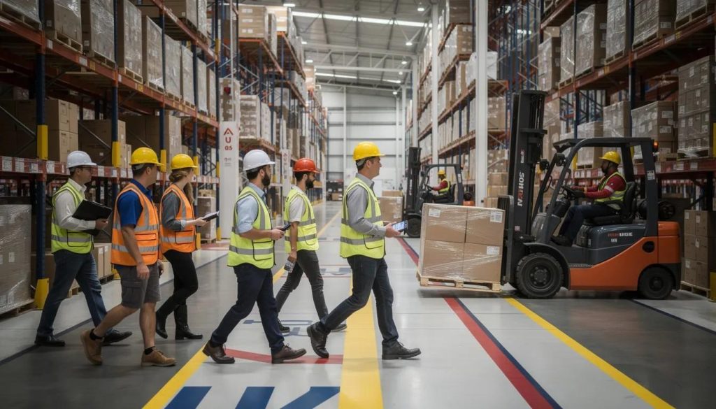 (Warehouse workers in high visibility safety vests walking along a marked pedestrian pathway, with forklifts maneuvering in the background)warehouse signs
