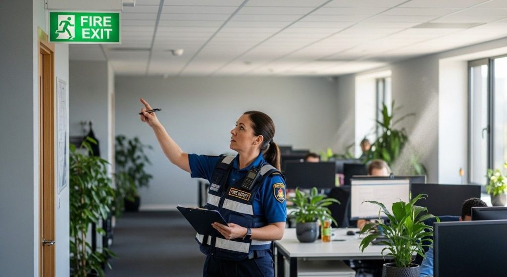 UK fire safety officer checking fire exit signage compliance in an office environment.
