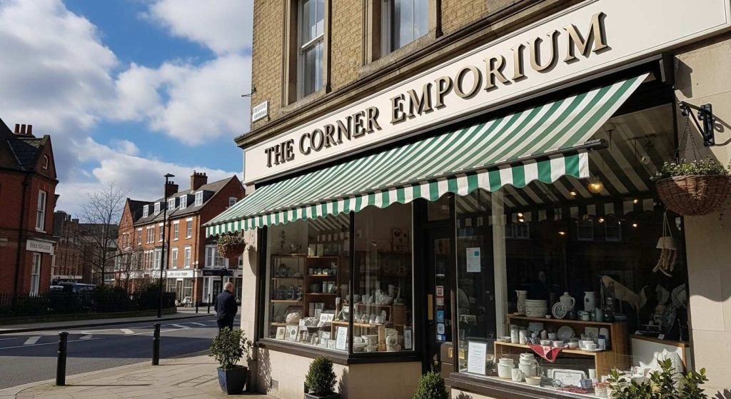 Exterior of a UK high street shop displaying a professionally installed business sign above the entrance, clearly visible from the pavement in daylight.