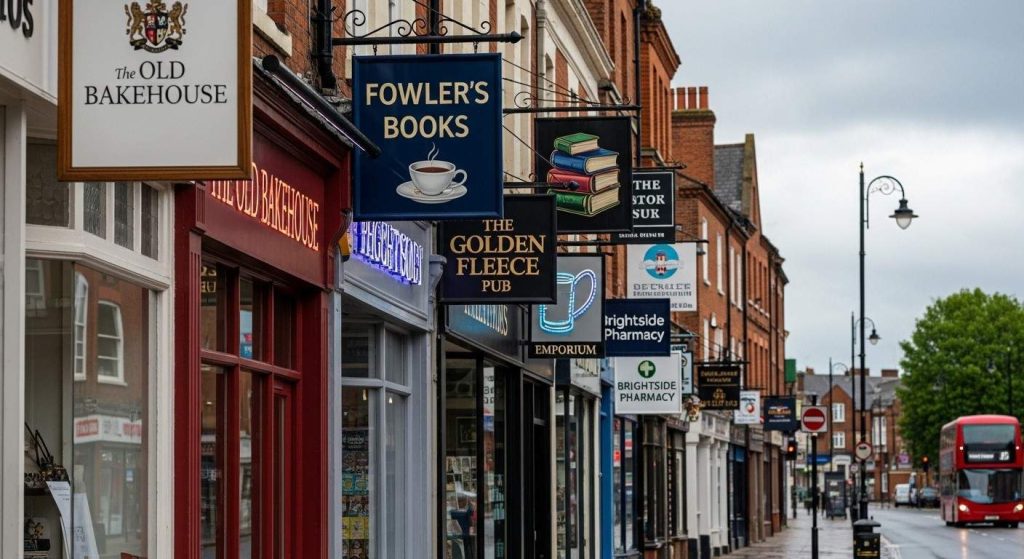 Various types of business signage on UK high street shops including fascia signs, hanging signs, and window graphics.