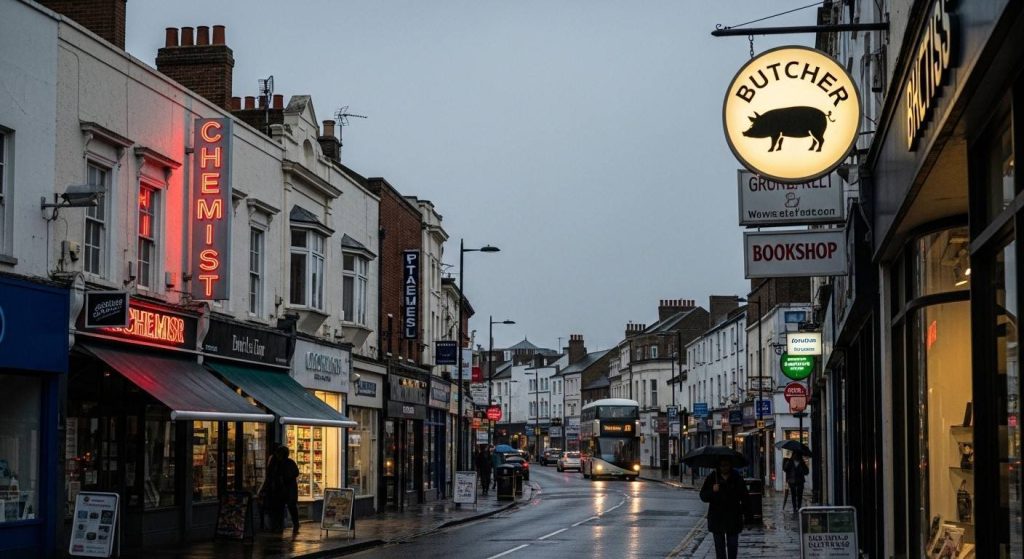UK high street displaying different types of business signs including illuminated shop signs, projecting signs, and fascia signs attracting passers by.