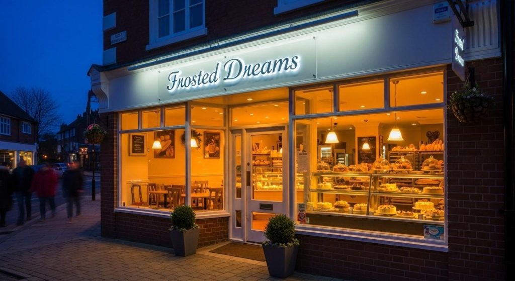 Medium-sized illuminated shop sign on a UK high street showing the impact of size and materials on business signage cost.
