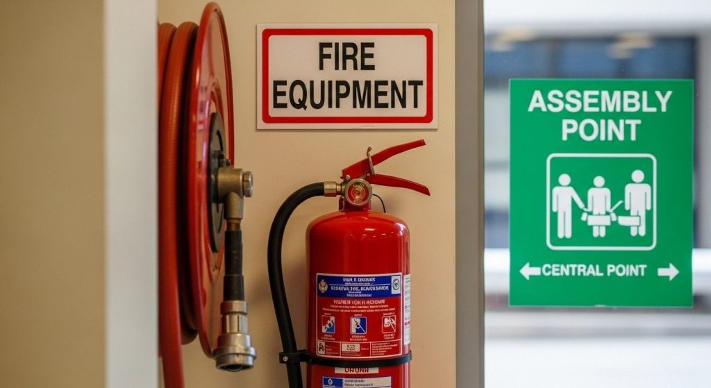 (Fire extinguisher mounted on a wall with a clear fire equipment sign above it and assembly point signage visible outside.)fire exit signage