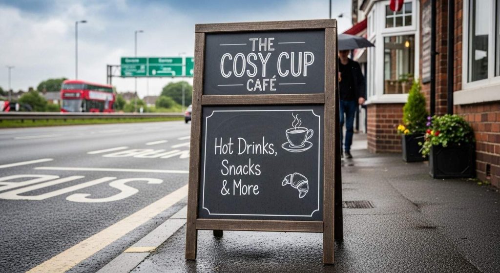 Pavement A-board on a UK sidewalk requiring highways permission and planning compliance for business signs.