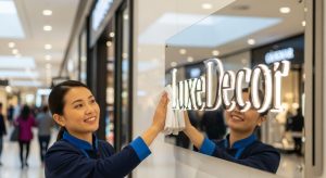 Person gently cleaning a wall-mounted indoor brand sign inside a shopping mall with a soft cloth for indoor sign maintenance