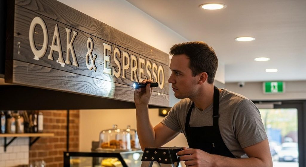 (A worker inspecting a brand indoor signage inside a coffee house for scratches or peeling vinyl.) indoor sign maintenance