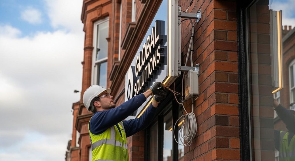 Professional installer in safety gear fitting illuminated commercial signage to a UK building facade, showing correct mounting and electrical setup.