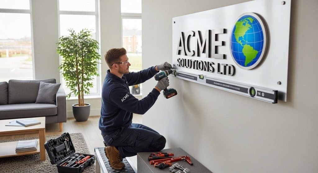  Professional installer mounting a reception sign in a UK office reception, demonstrating safe and accurate installation methods.