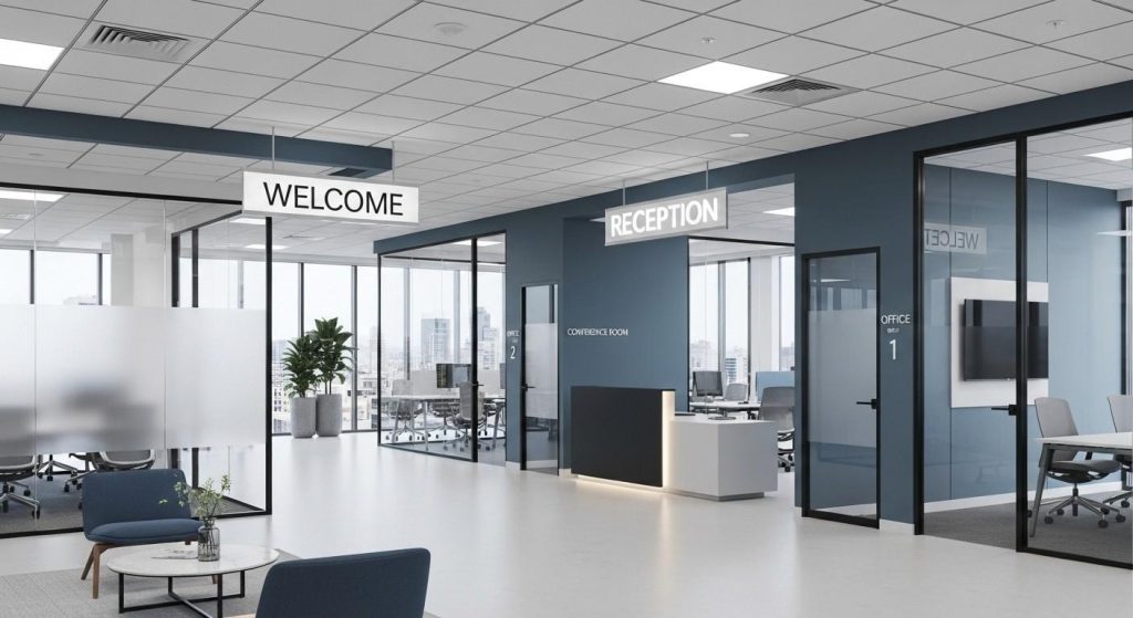 A clean and modern office interior with visible properly maintained indoor signs and a well-defined formal colour theme.
