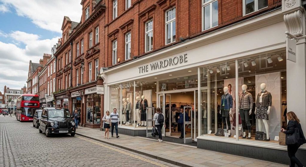 High street retail shop in the UK with a clean, well-lit fascia sign above the entrance, visible to passing pedestrians.