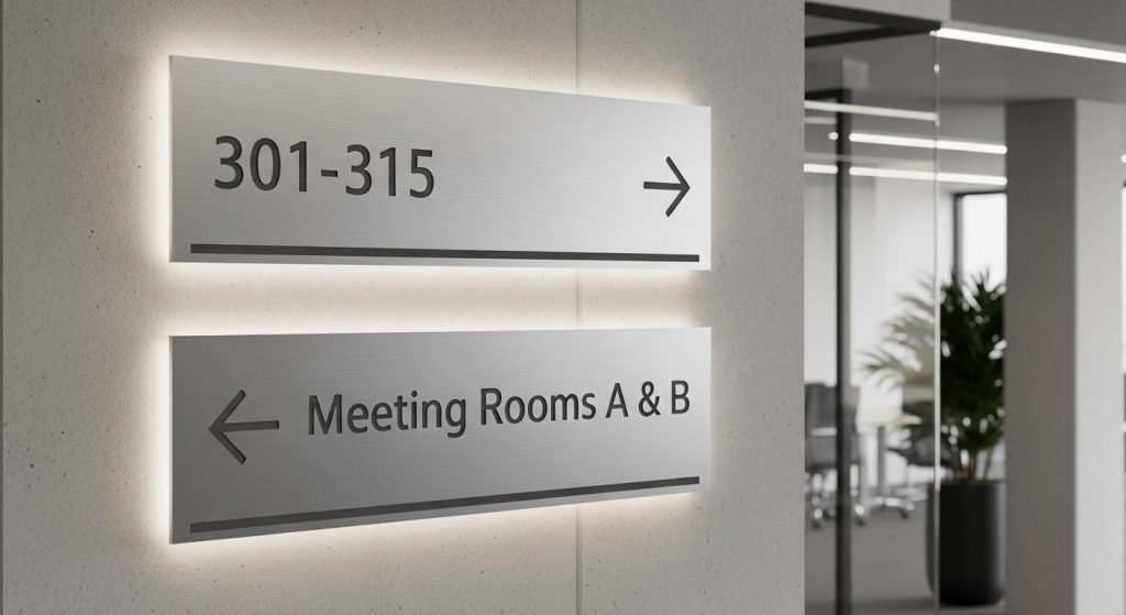 Wall-mounted directional and identification signs in a modern UK office building, including office numbers and arrows pointing to meeting rooms.