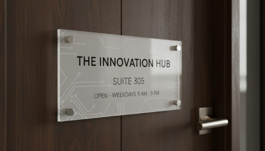 Modern acrylic door sign with clear text mounted on a corporate wooden door, demonstrating style and visibility.