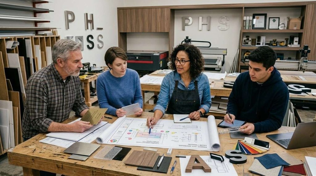 Professional signage company team reviewing design plans and sample materials for custom signs and business signage.