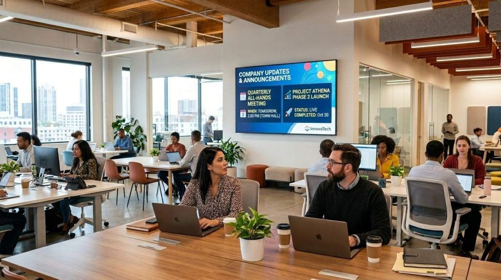 A modern UK office environment with corporate digital signage displaying company news and internal announcements on a digital screen.