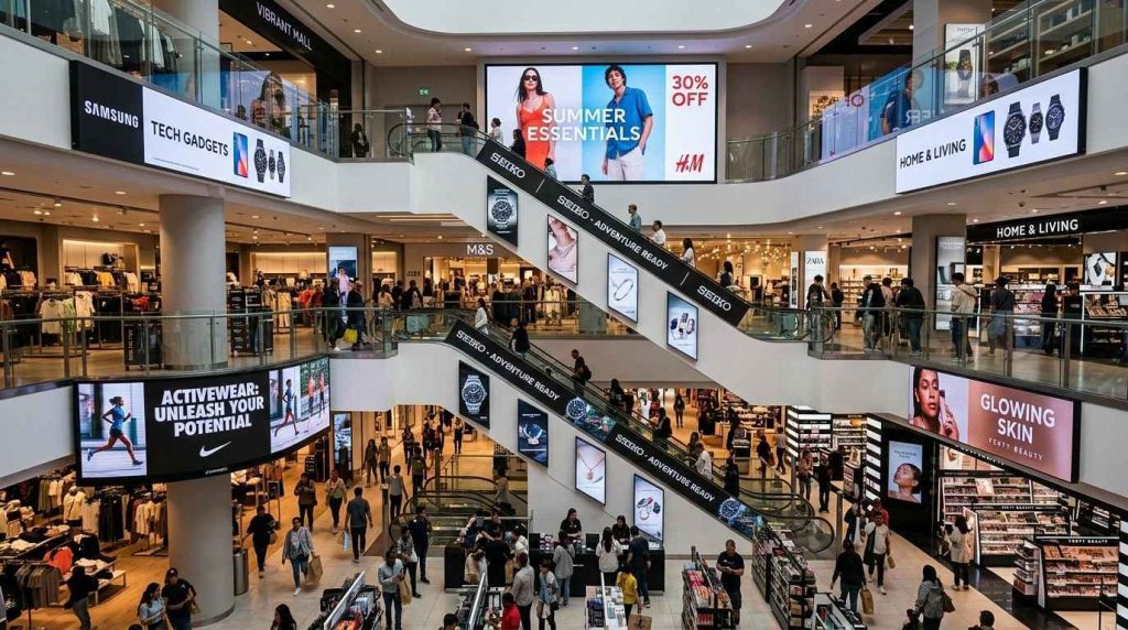 Shopping mall interior featuring multiple commercial digital displays showing dynamic promotional content across different screens.