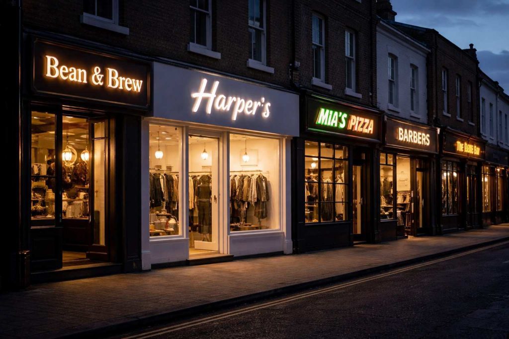 UK high street shop with illuminated signs showing LED and lightbox signage visible at dusk for better visibility and branding.
