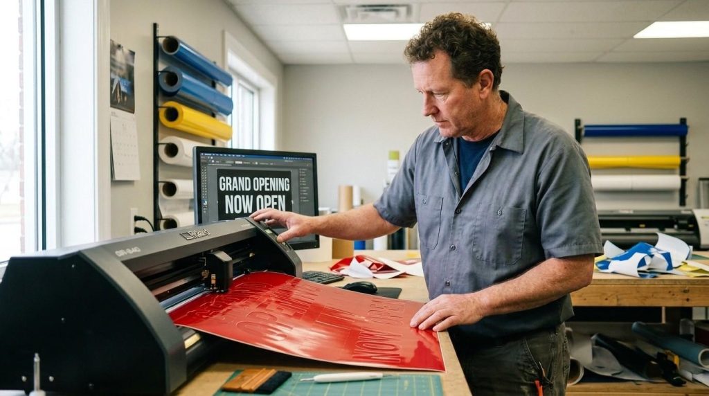 Signage professional operating a digital vinyl cutter to produce precise vinyl lettering demonstrating the use of printed signs supplies.