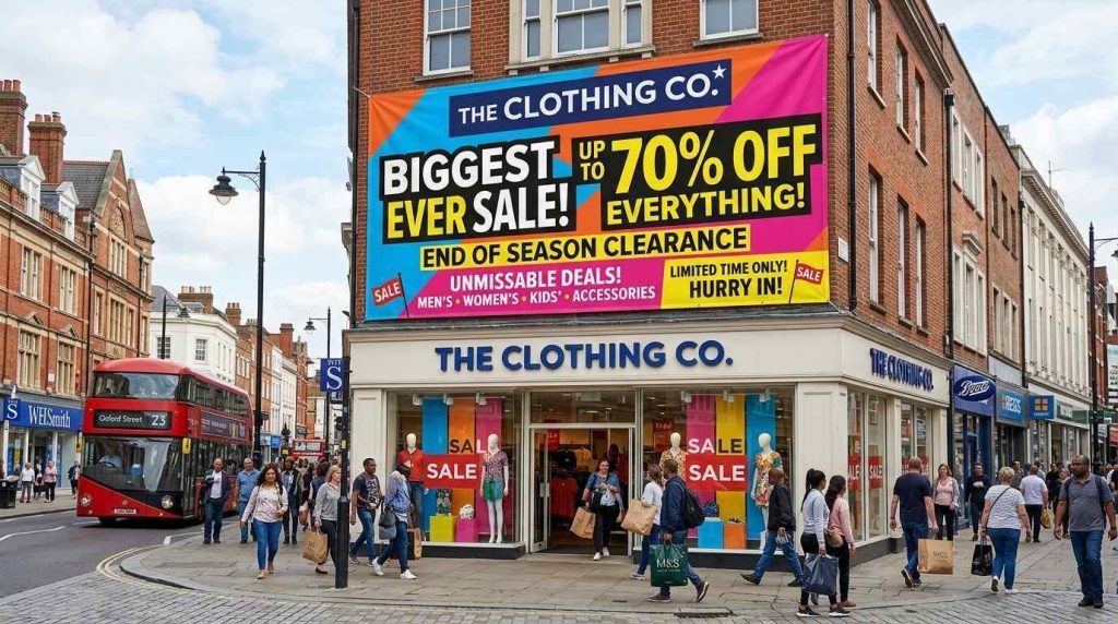 Large promotional banner on a UK high street shopfront attracting foot traffic, with clear branding and vibrant colours.