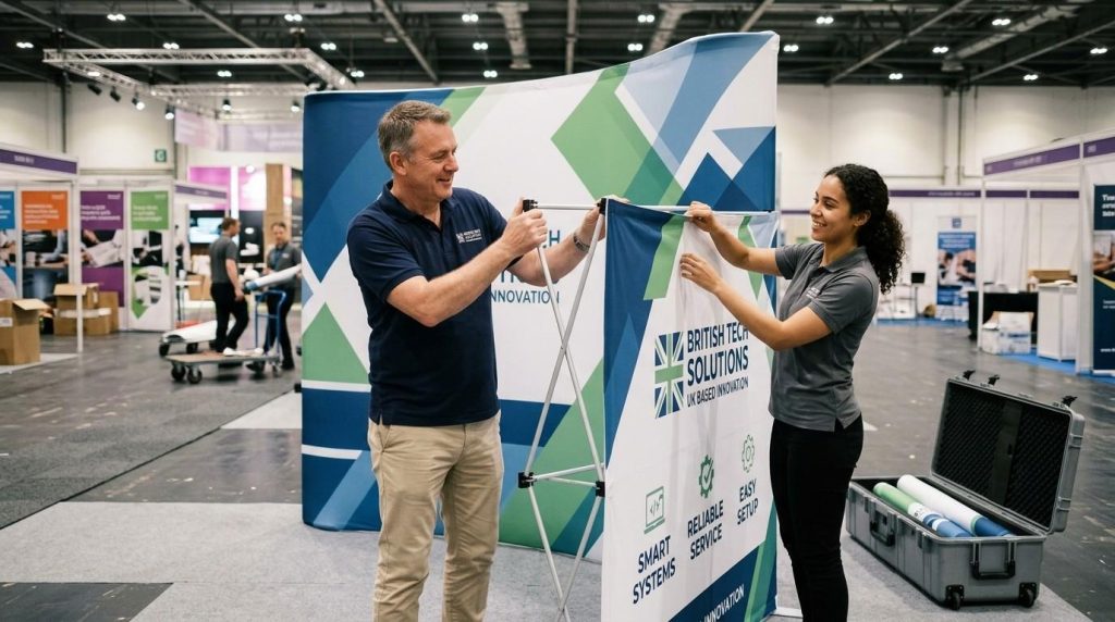 A UK business setting up a portable pop-up exhibition display stand with fabric graphics at a trade show, showing easy assembly and professional design.