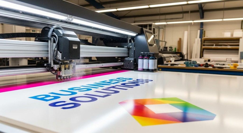 Close-up of a digital printer producing a business sign with vibrant colours on a Foamex board in a UK print workshop.