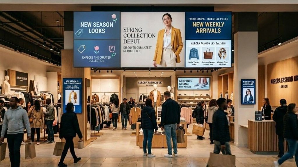 AI digital signage screens in a modern UK retail store displaying real-time promotional content on multiple digital displays.